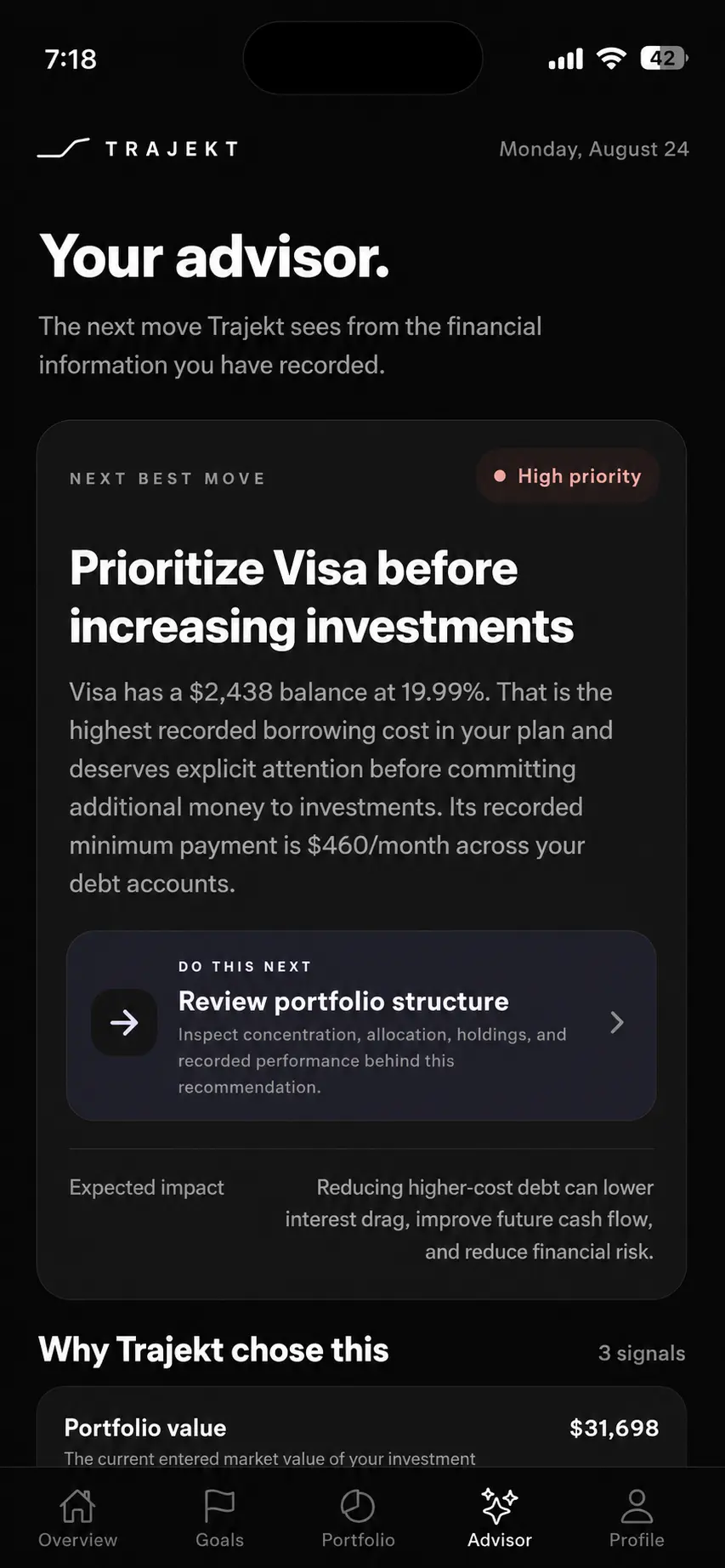 Trajekt Advisor screen showing a personalized next best action