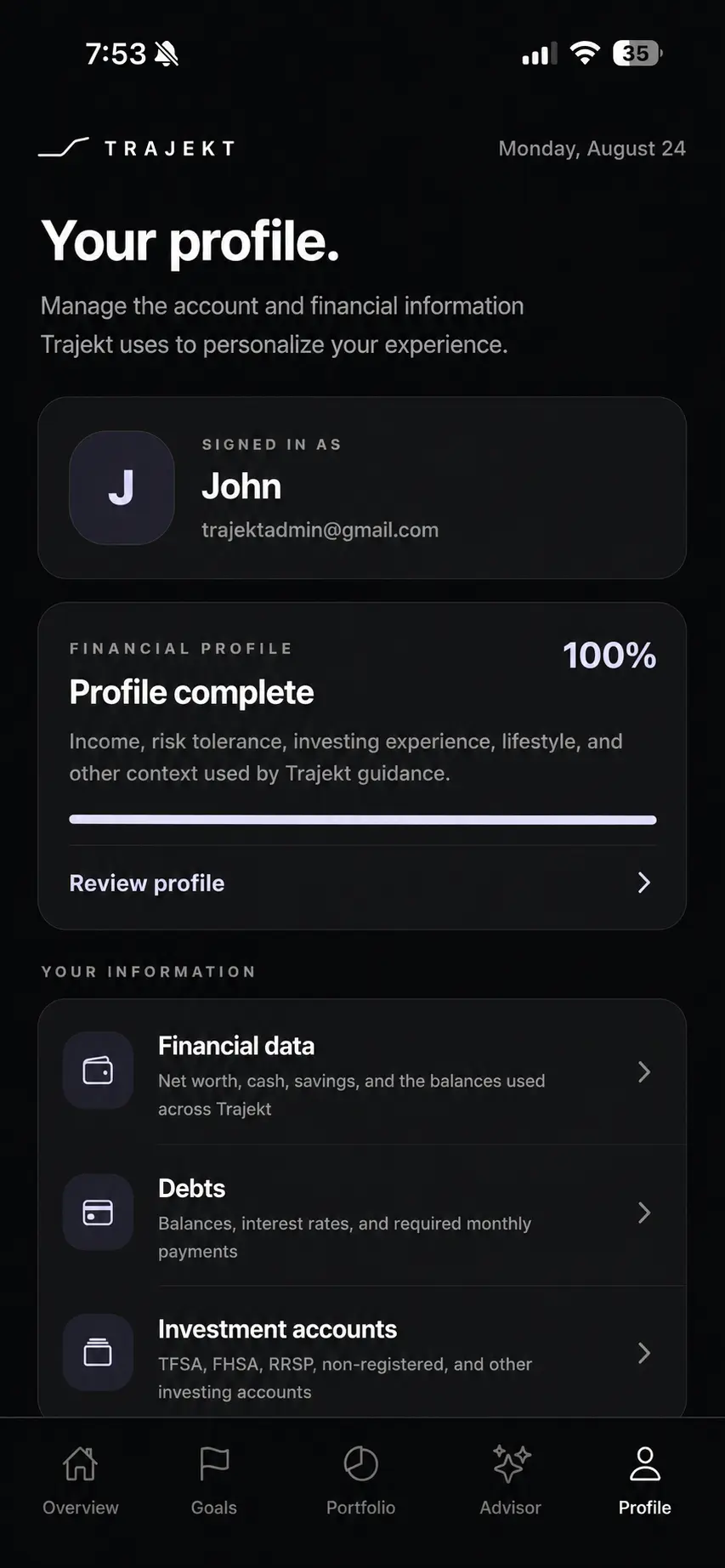 Trajekt profile screen showing Canadian financial information